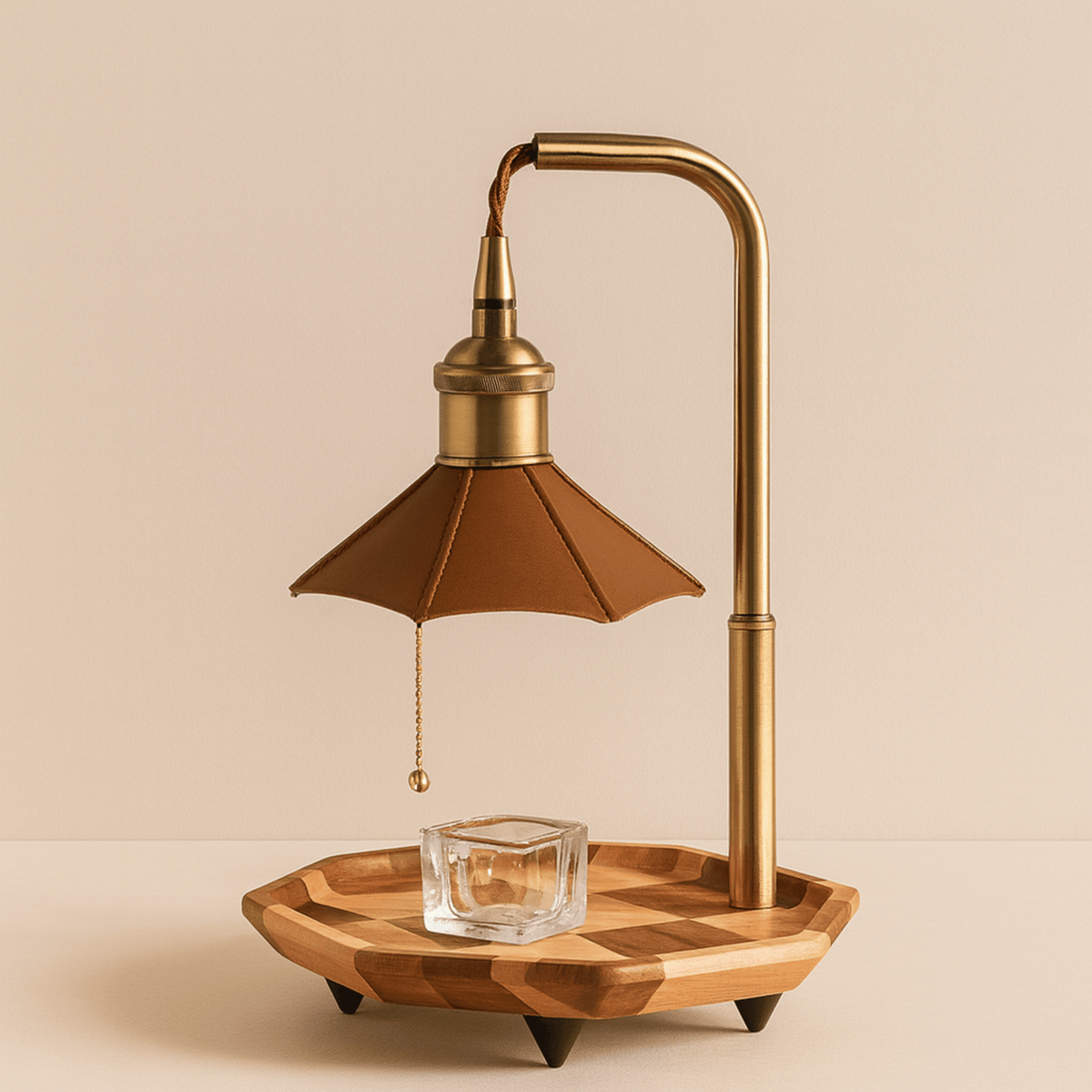 Lampka do Podgrzewania Świec Retro z Drewnianą Tacą i Łańcuszkowym Włącznikiem - Brązowy