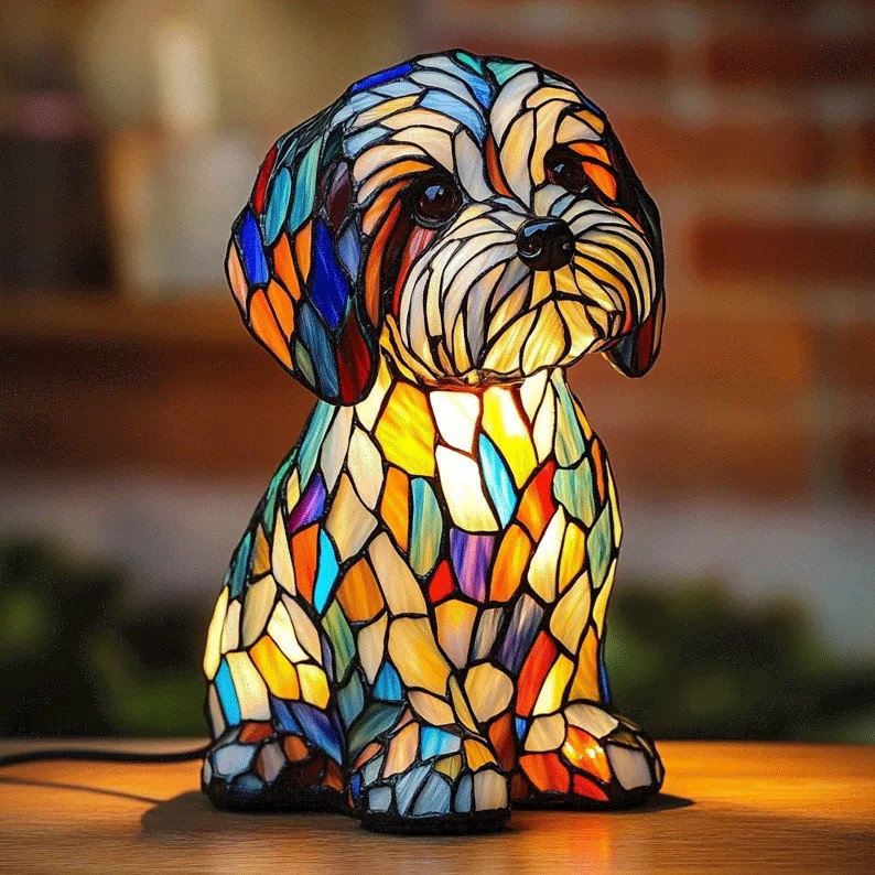 Lampka Nocna Art Deco w Kształcie Psa z Witrażowym Wzorem - 3