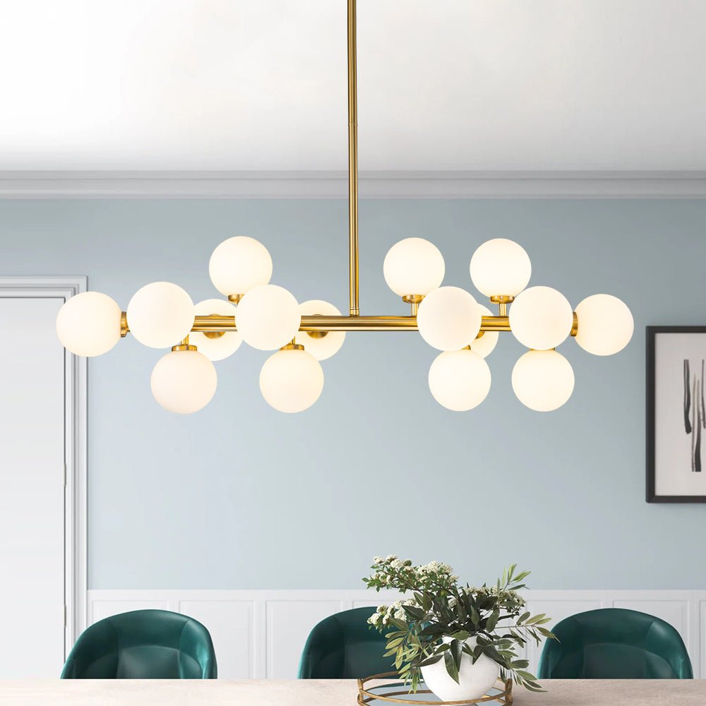 Lampa Wisząca Liniowa z 16 Kulami ze Szkła Opalowego, 90 Cm - Mosiądz