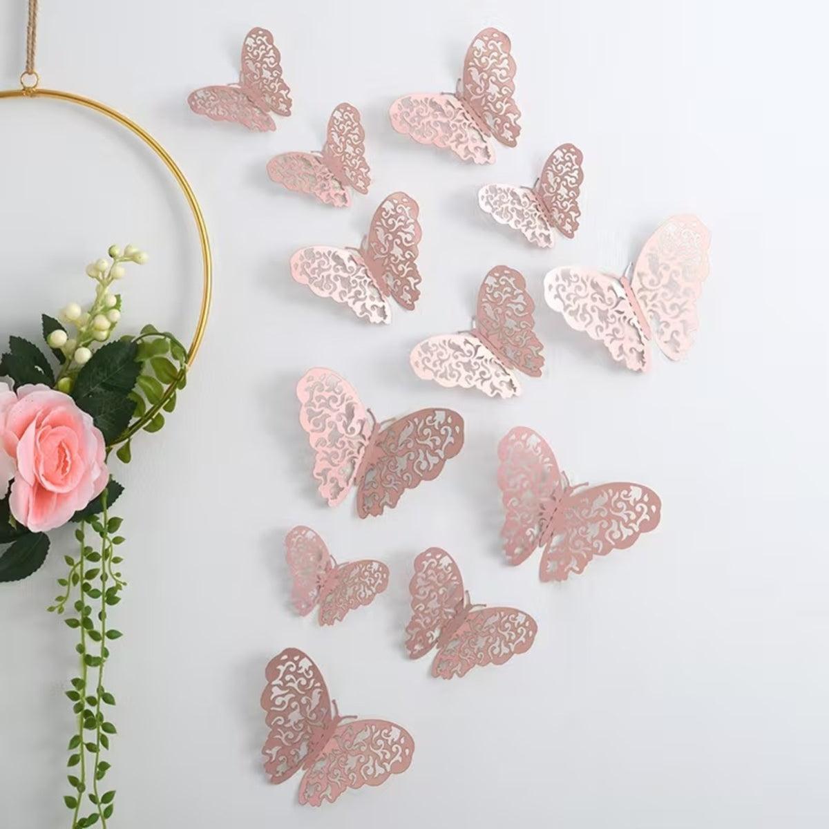 Naklejki Motyle na Ścianę z Ażurowym Wzorem Zestaw Dwanaście Sztuk - Rose Gold