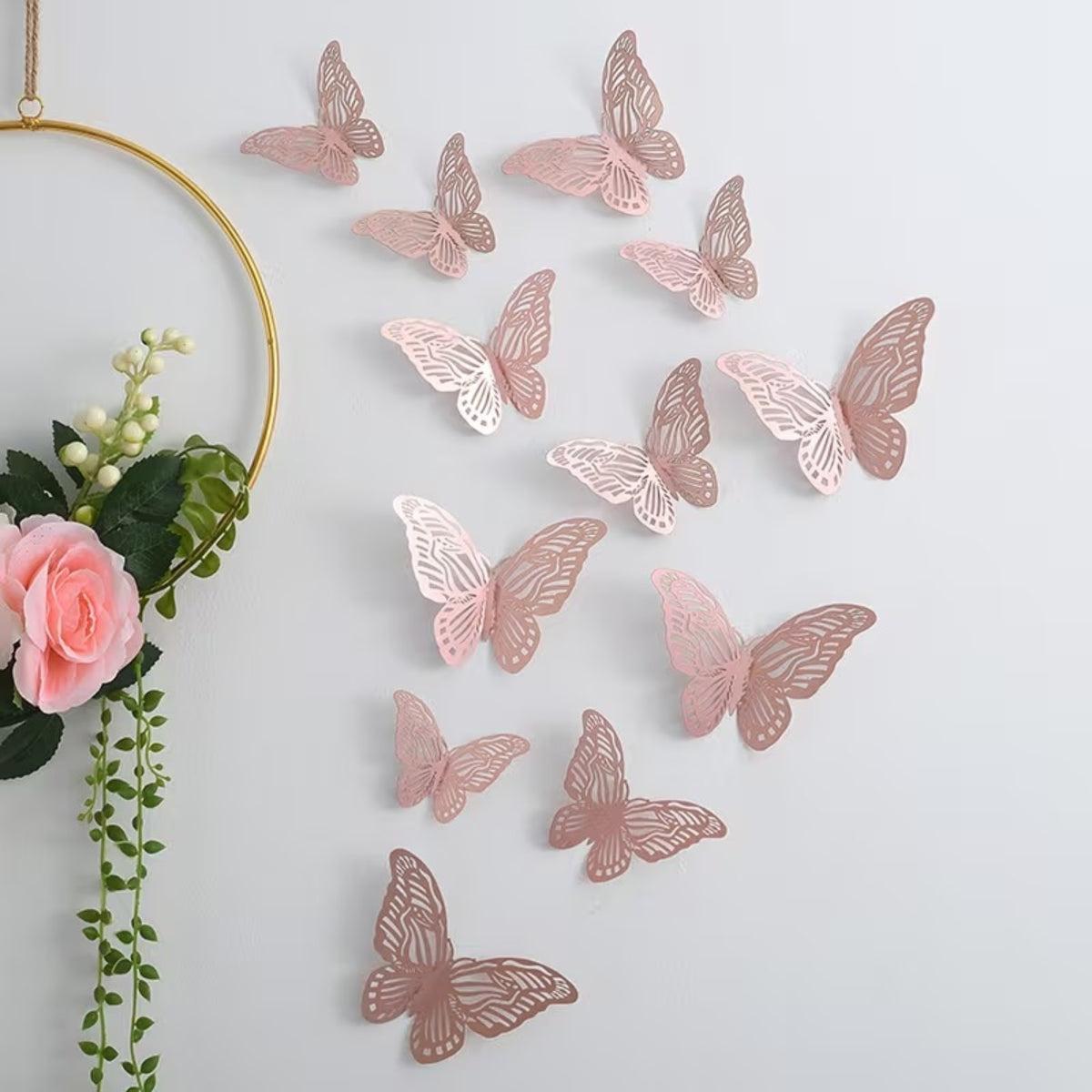 Naklejki Motyle na Ścianę z Ażurowym Wzorem Zestaw Dwanaście Sztuk - Rose Gold