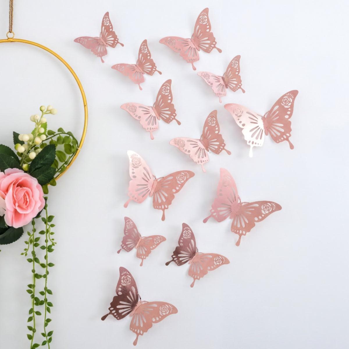 Naklejki Motyle na Ścianę z Ażurowym Wzorem Zestaw Dwanaście Sztuk - Rose Gold