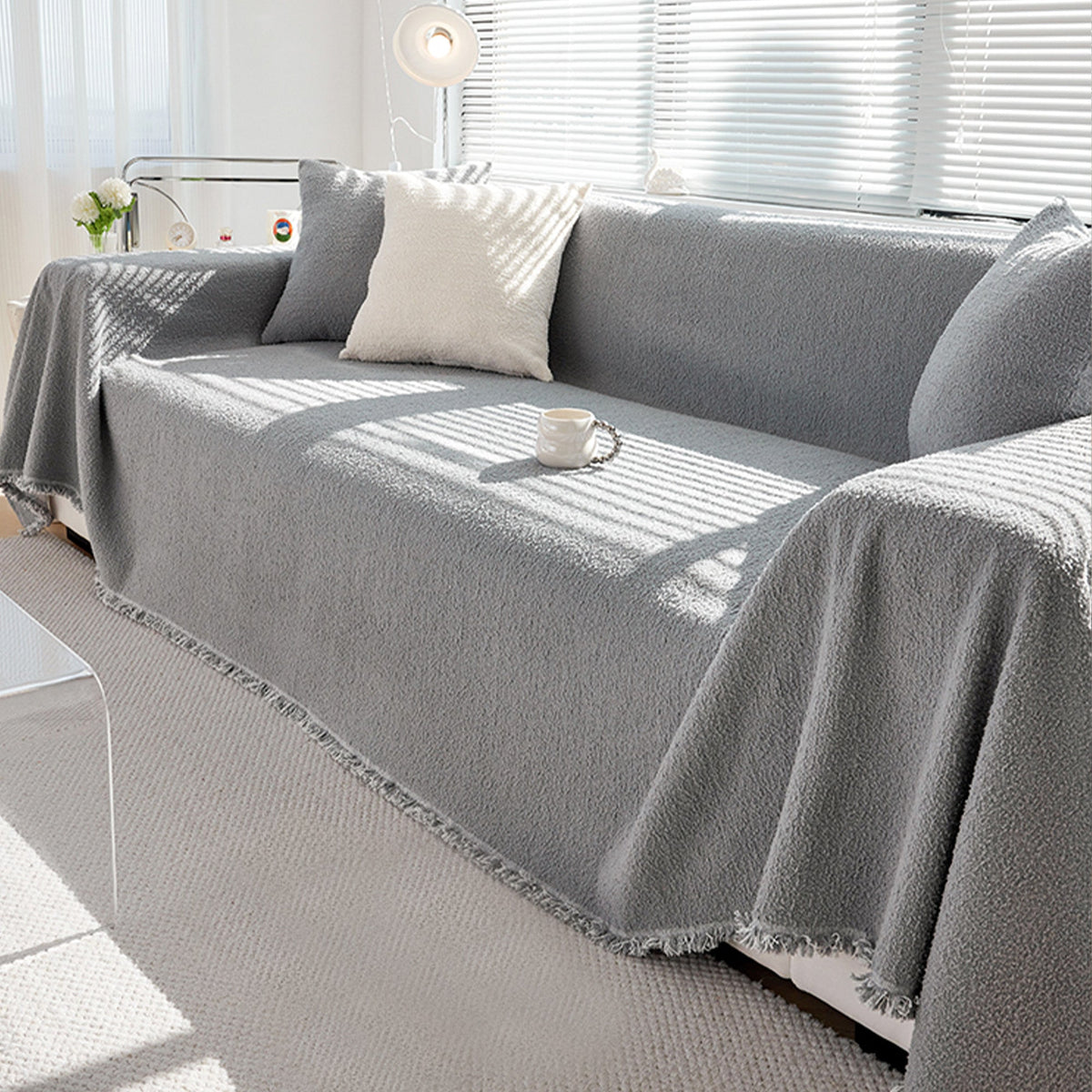 Narzuta na Sofę z Frędzlami Ochronna Pokrowiec na Kanapę - Szary