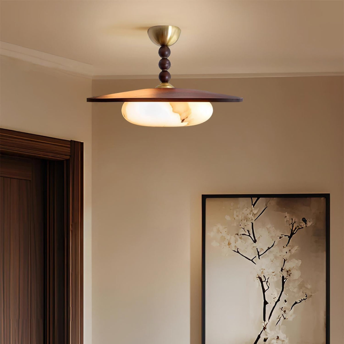 Nowoczesna Lampa Sufitowa z Drewnianym Kloszem i Mosiężnymi Detalami - 6
