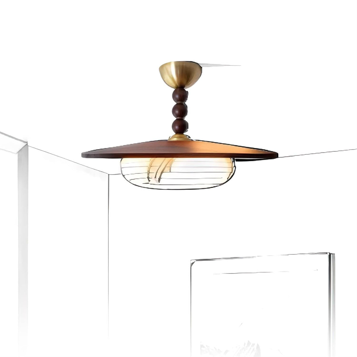 Nowoczesna Lampa Sufitowa z Drewnianym Kloszem i Mosiężnymi Detalami - 8