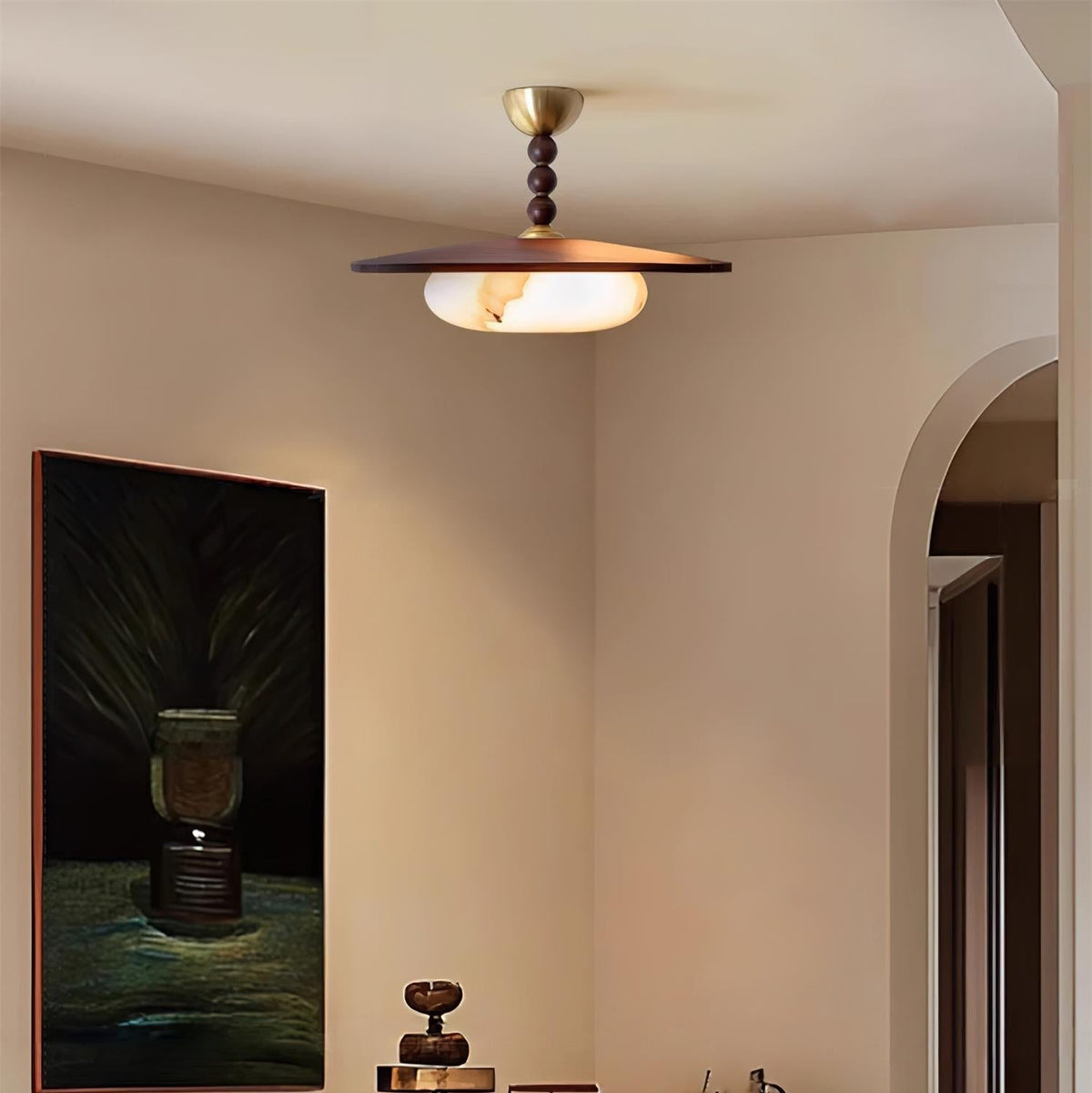 Nowoczesna Lampa Sufitowa z Drewnianym Kloszem i Mosiężnymi Detalami - 9