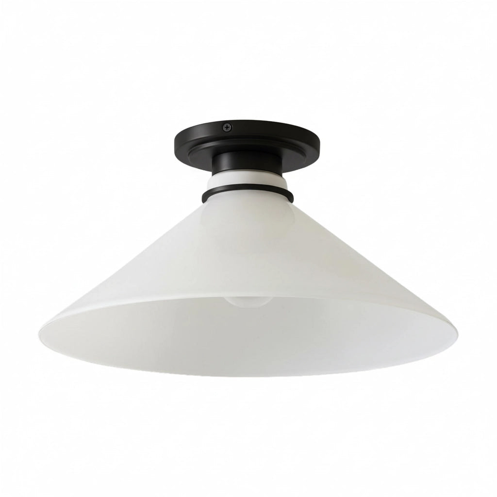 Lampa Sufitowa Wiejska z Stożkowym Kloszem i Metalową Oprawką - Mleczne szkło