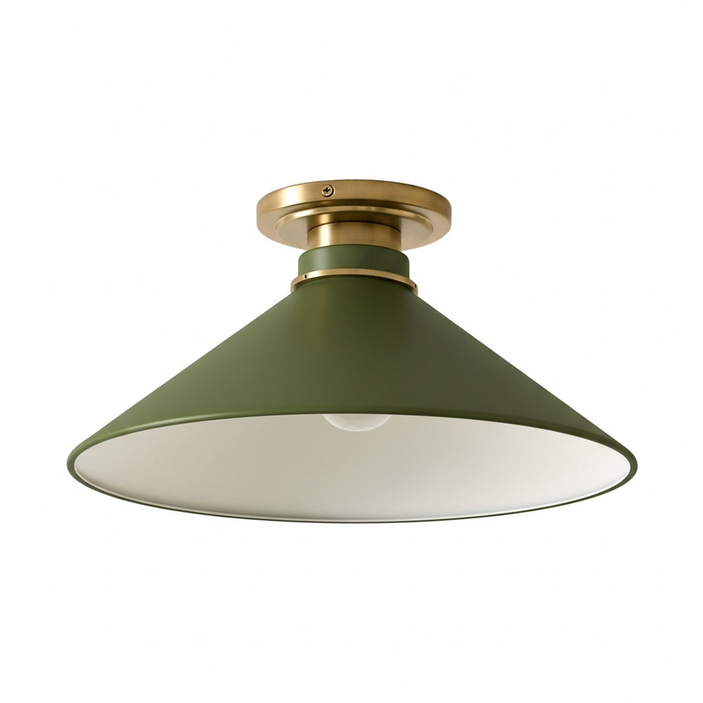 Lampa Sufitowa Wiejska z Stożkowym Kloszem i Metalową Oprawką - Oliwkowa zieleń proszkowana