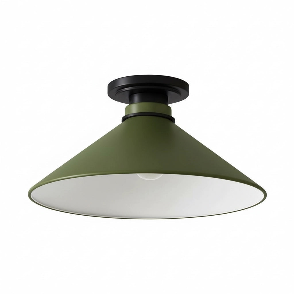 Lampa Sufitowa Wiejska z Stożkowym Kloszem i Metalową Oprawką - Oliwkowa zieleń proszkowana