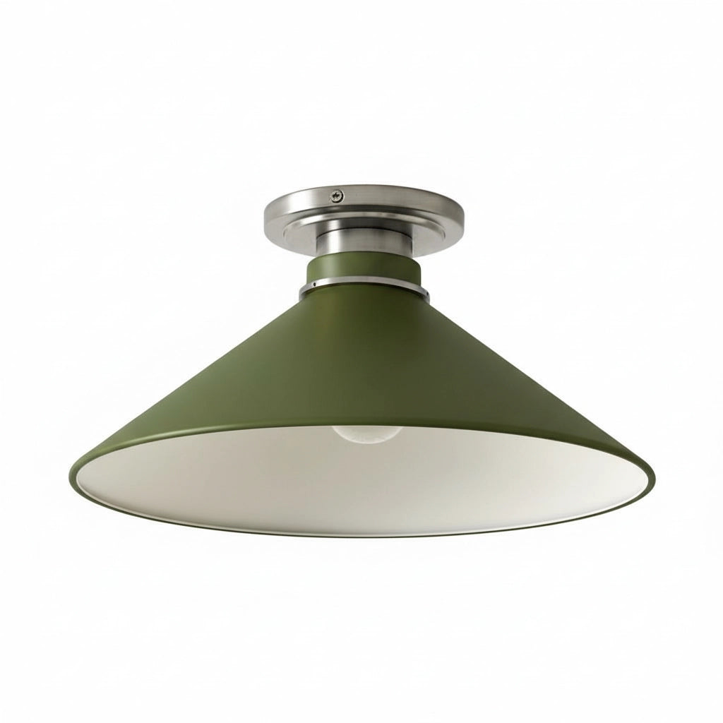 Lampa Sufitowa Wiejska z Stożkowym Kloszem i Metalową Oprawką - Oliwkowa zieleń proszkowana