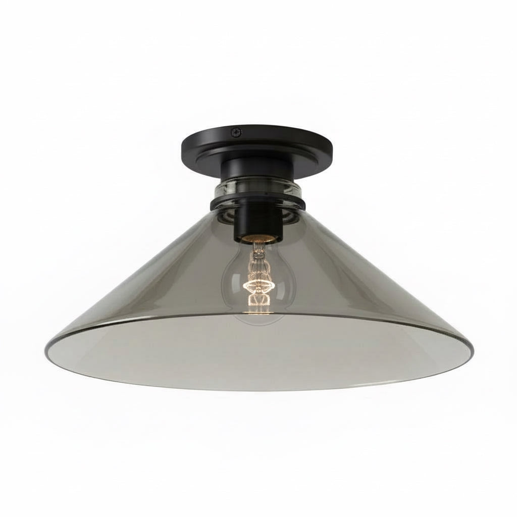 Lampa Sufitowa Wiejska z Stożkowym Kloszem i Metalową Oprawką - Dymione szkło