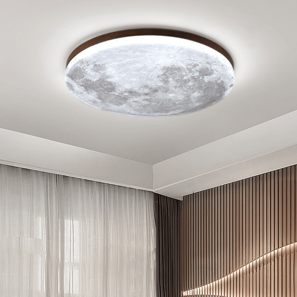 Lampa Sufitowa Księżyc LED z Drewnianą Ramką Ściemnialna - Ciemne drewno