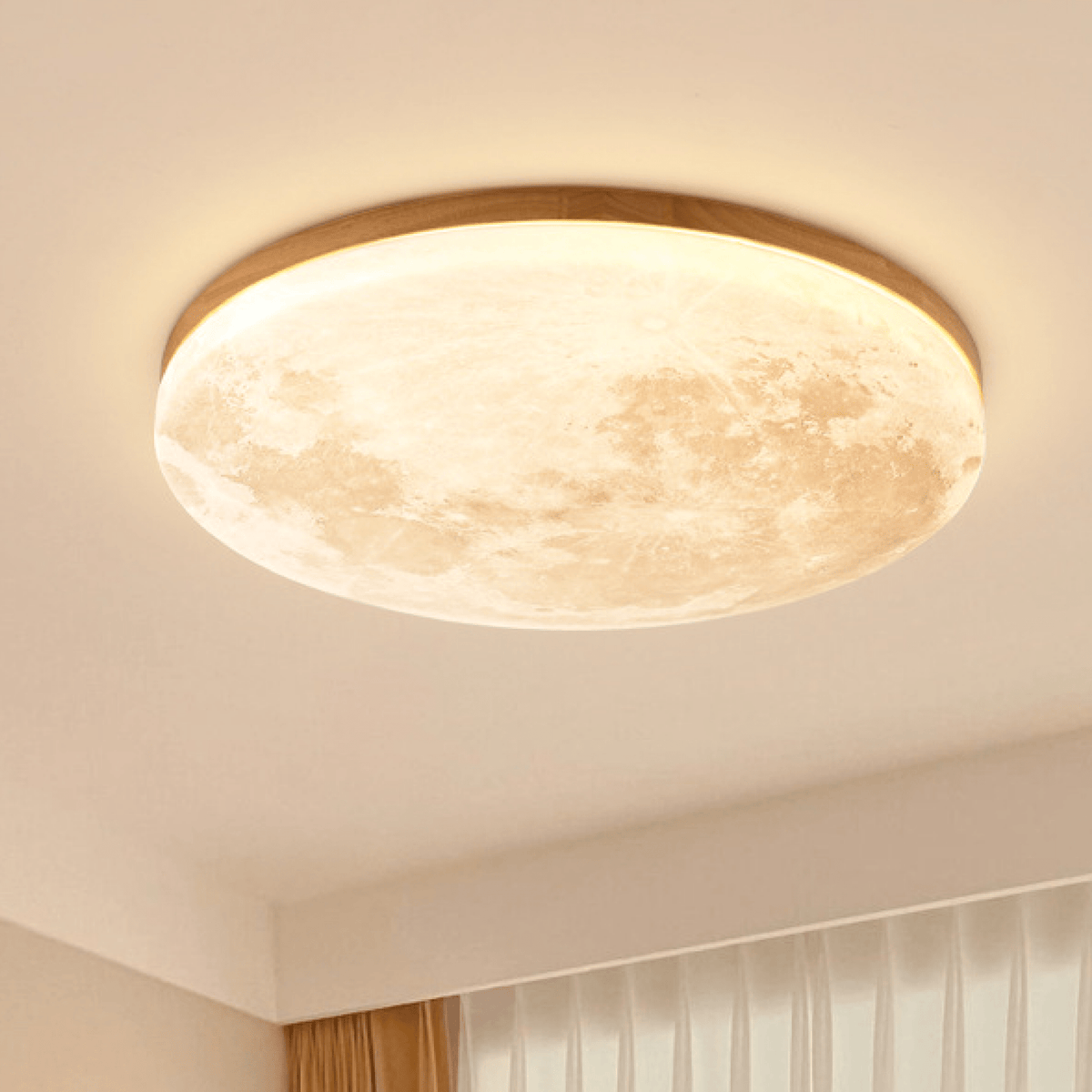 Lampa Sufitowa Księżyc LED z Drewnianą Ramką Ściemnialna - Jasne drewno