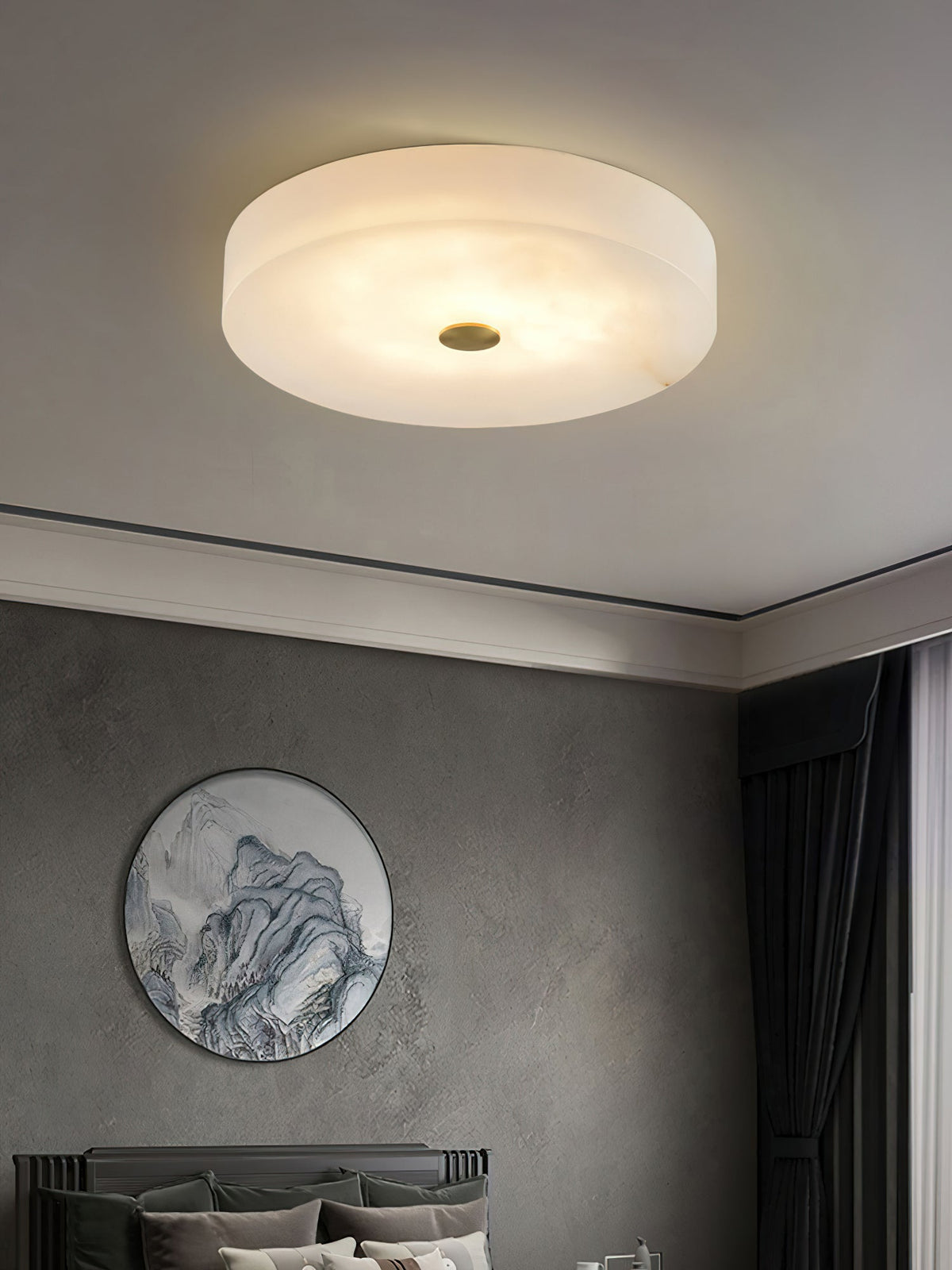 Lampa Sufitowa Okrągła Alabastrowa z Mosiężnym Akcentem - 12