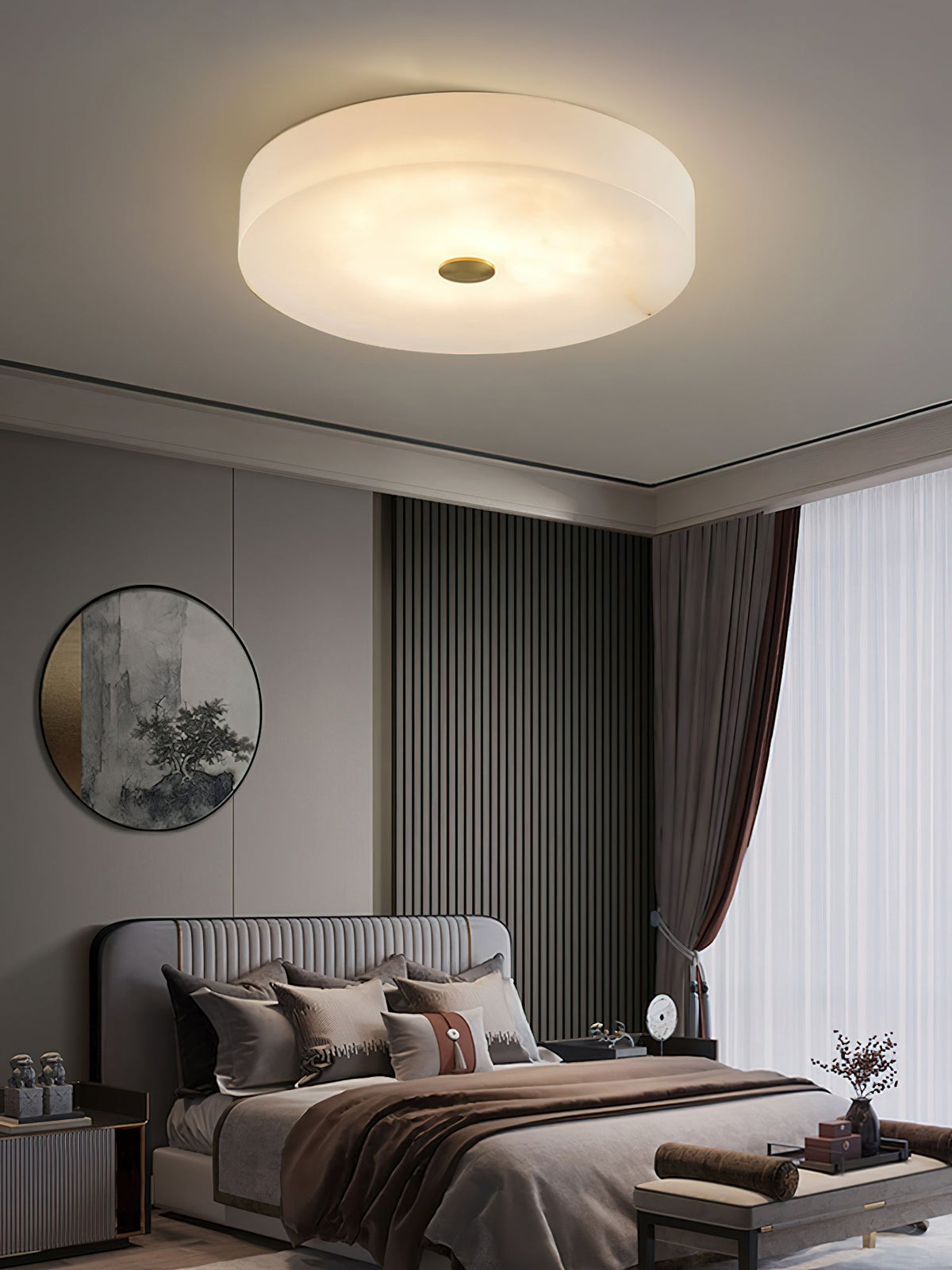 Lampa Sufitowa Okrągła Alabastrowa z Mosiężnym Akcentem - 3