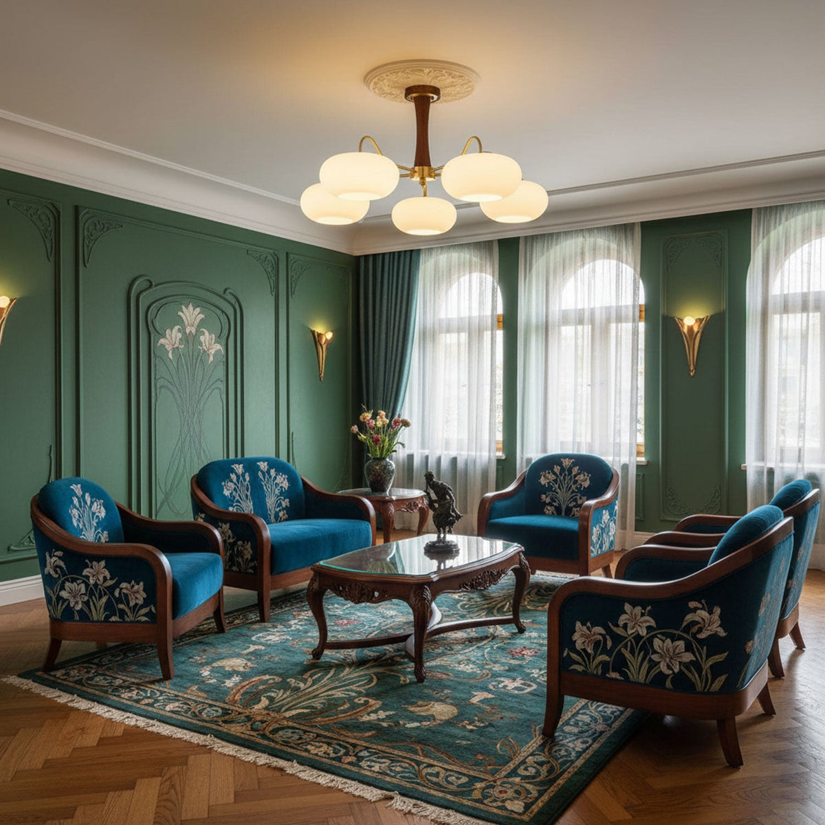 Lampa Sufitowa Retro ze Szklanymi Kloszami i Mosiężnymi Ramionami - 22