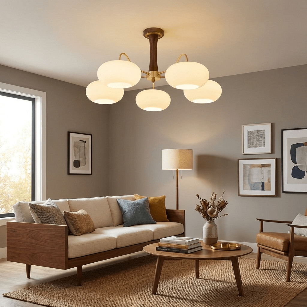 Lampa Sufitowa Retro ze Szklanymi Kloszami i Mosiężnymi Ramionami