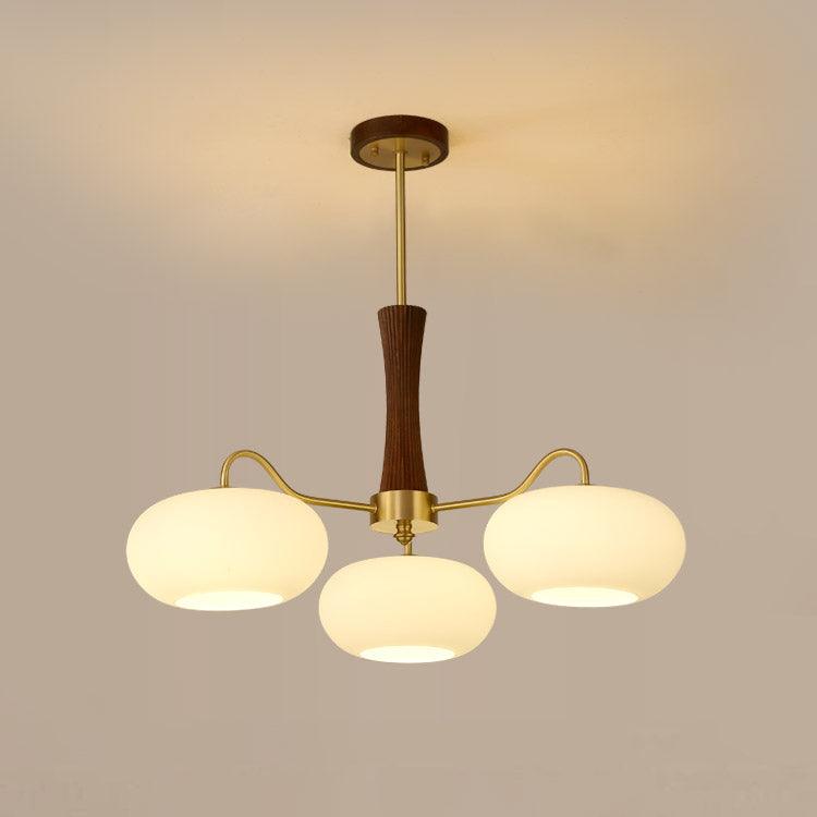 Lampa Sufitowa Retro ze Szklanymi Kloszami i Mosiężnymi Ramionami - Mosiądz/Orzech/Biały