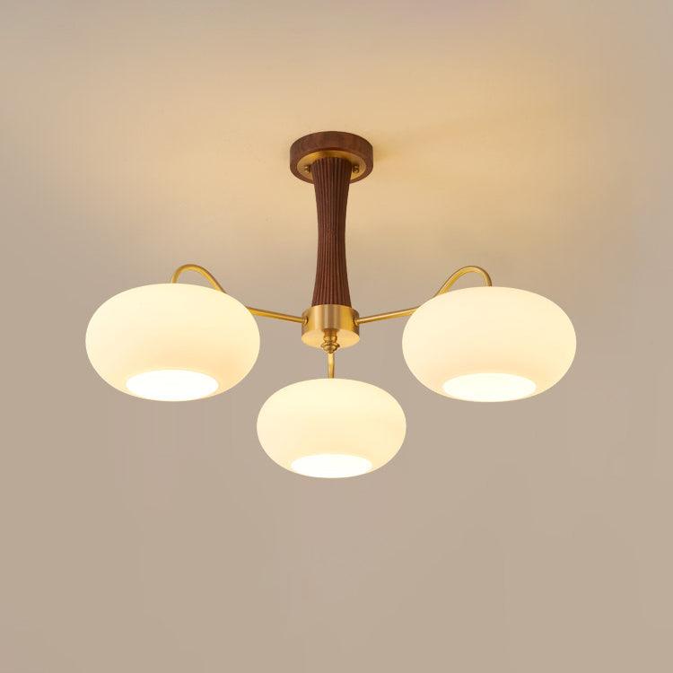 Lampa Sufitowa Retro ze Szklanymi Kloszami i Mosiężnymi Ramionami - Mosiądz/Orzech/Biały