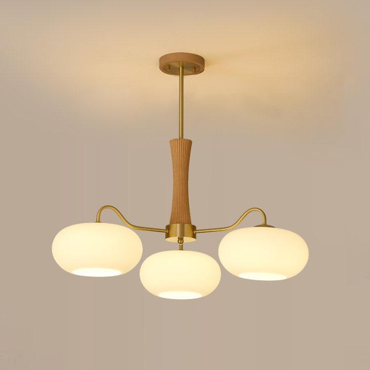 Lampa Sufitowa Retro ze Szklanymi Kloszami i Mosiężnymi Ramionami - Mosiądz/Drewno/Biały