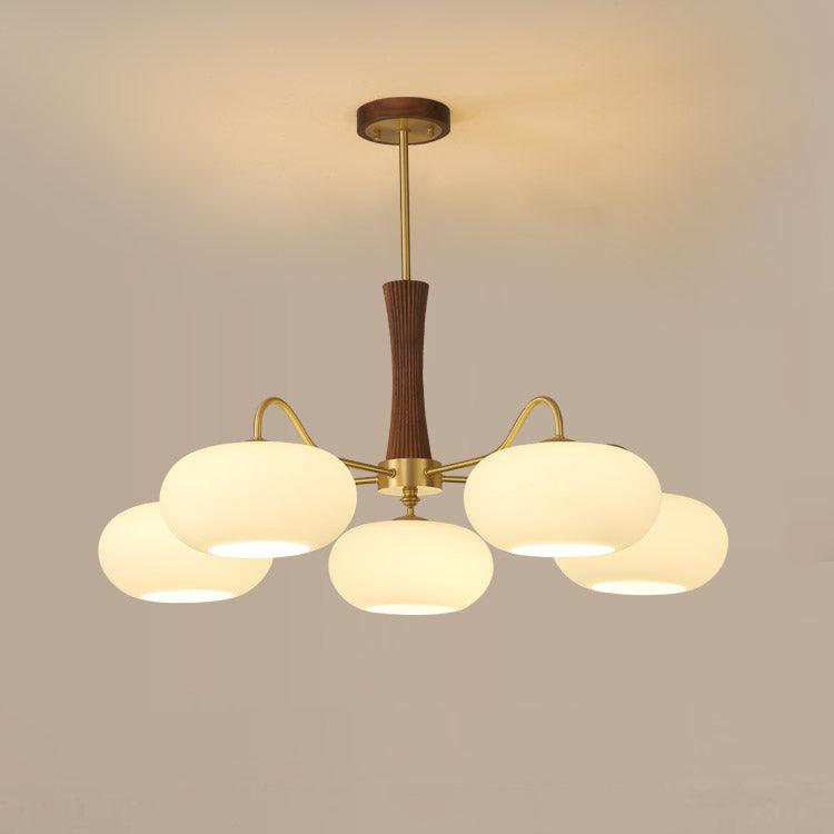 Lampa Sufitowa Retro ze Szklanymi Kloszami i Mosiężnymi Ramionami - Mosiądz/Orzech/Biały
