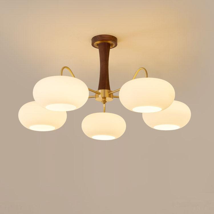 Lampa Sufitowa Retro ze Szklanymi Kloszami i Mosiężnymi Ramionami - Mosiądz/Orzech/Biały