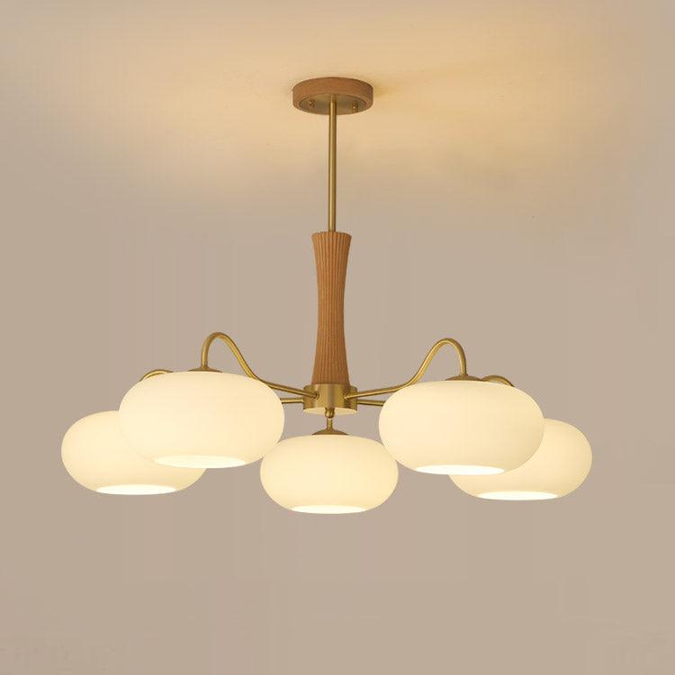 Lampa Sufitowa Retro ze Szklanymi Kloszami i Mosiężnymi Ramionami - Mosiądz/Drewno/Biały