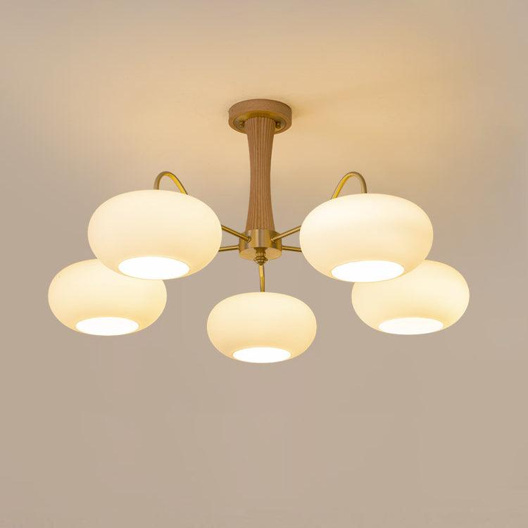 Lampa Sufitowa Retro ze Szklanymi Kloszami i Mosiężnymi Ramionami - Mosiądz/Drewno/Biały
