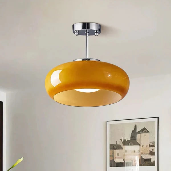 Lampa Sufitowa Retro z Okrągłym Szklanym Kloszem - Chrom + Pomarańczowy