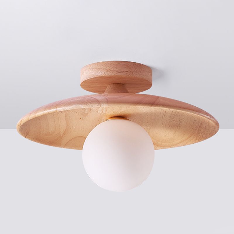 Lampa Sufitowa Skandynawska z Drewnianym Kloszem i Szklaną Kulą - Drewno