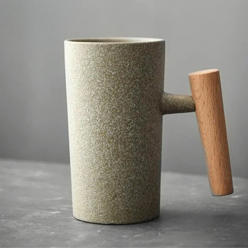 Kubek Ceramiczny z Drewnianym Uchwytem Skandynawski - Szałwia