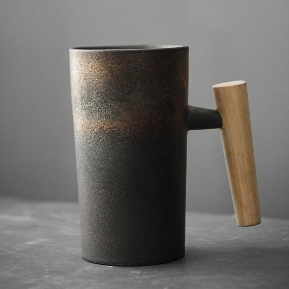 Kubek Ceramiczny z Drewnianym Uchwytem Skandynawski - Wulkaniczny