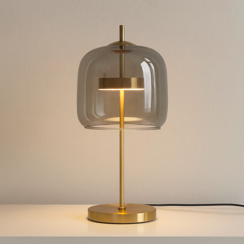 Lampa Stołowa Modern z Kloszem ze Szkła i Złotą Podstawą - Szary dymiony