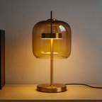 Lampa Stołowa Modern z Kloszem ze Szkła i Złotą Podstawą - Bursztynowy