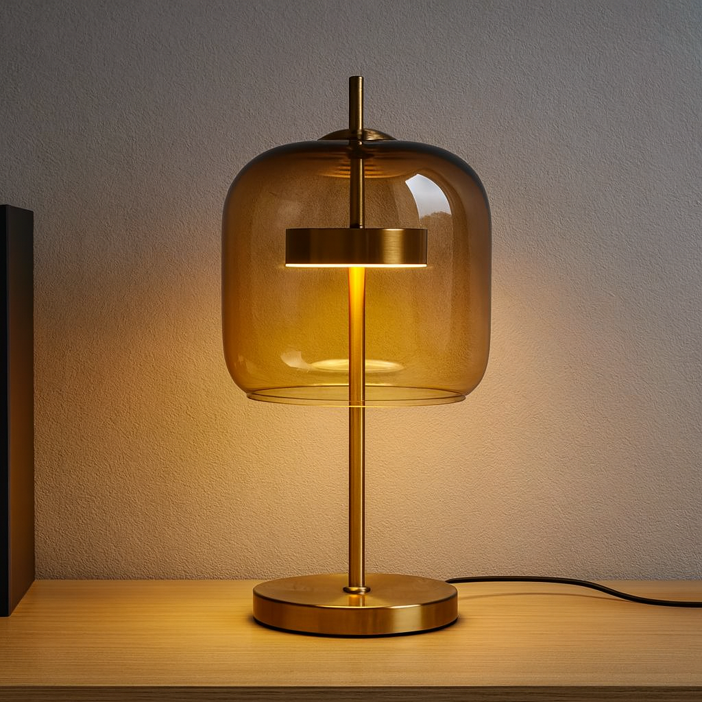 Lampa Stołowa Modern z Kloszem ze Szkła i Złotą Podstawą - Bursztynowy