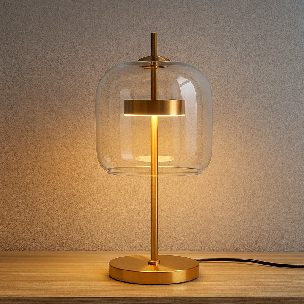Lampa Stołowa Modern z Kloszem ze Szkła i Złotą Podstawą