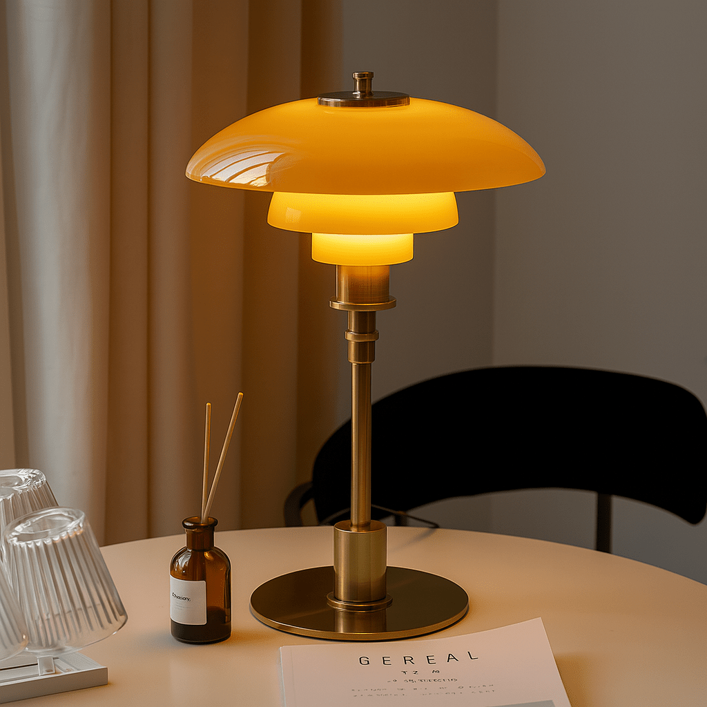 Lampa Stołowa Skandynawska z Wielowarstwowym Szklanym Kloszem - Złoty