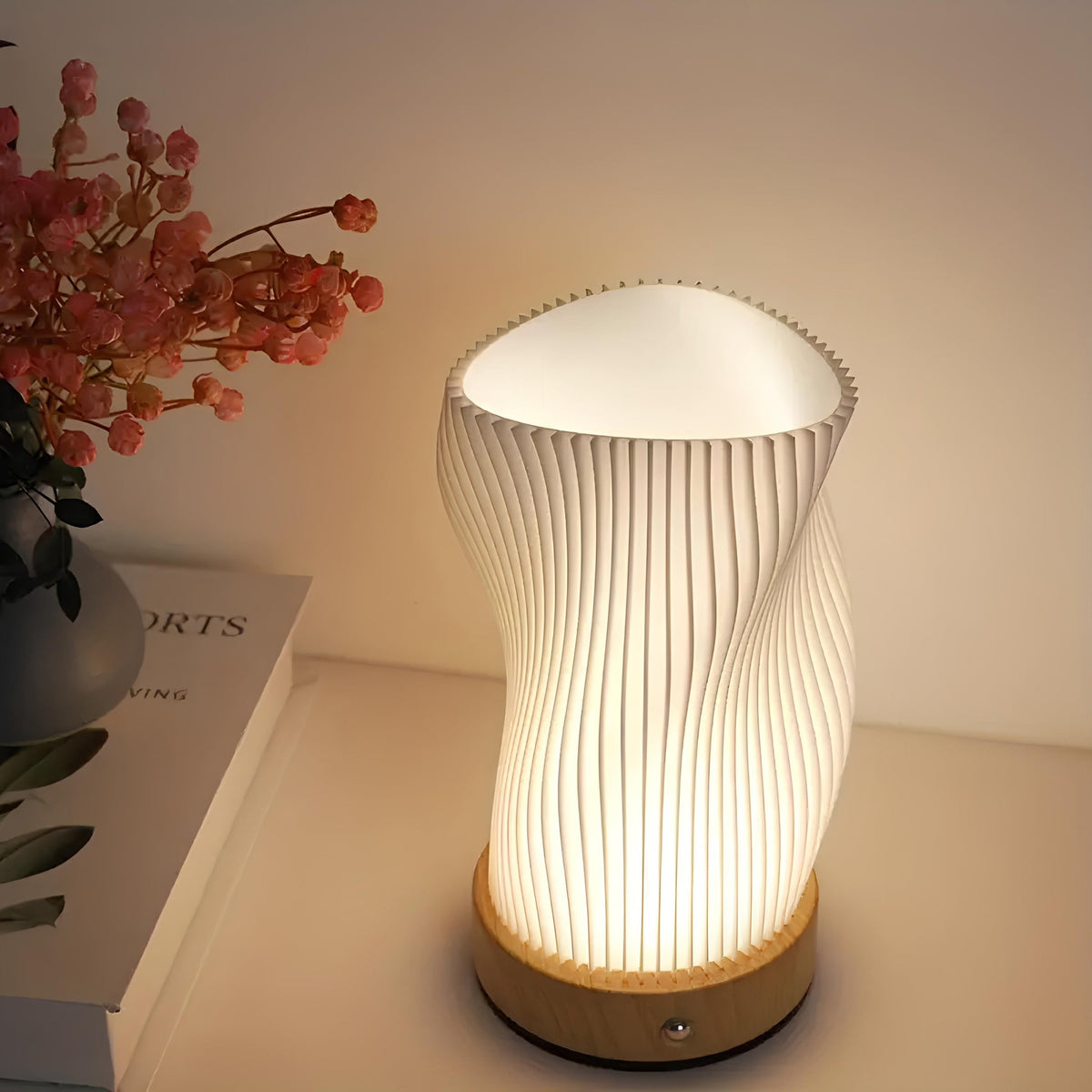 Lampa Stołowa Skandynawska z Falistym Kloszem i Ściemnialnym LED - 7