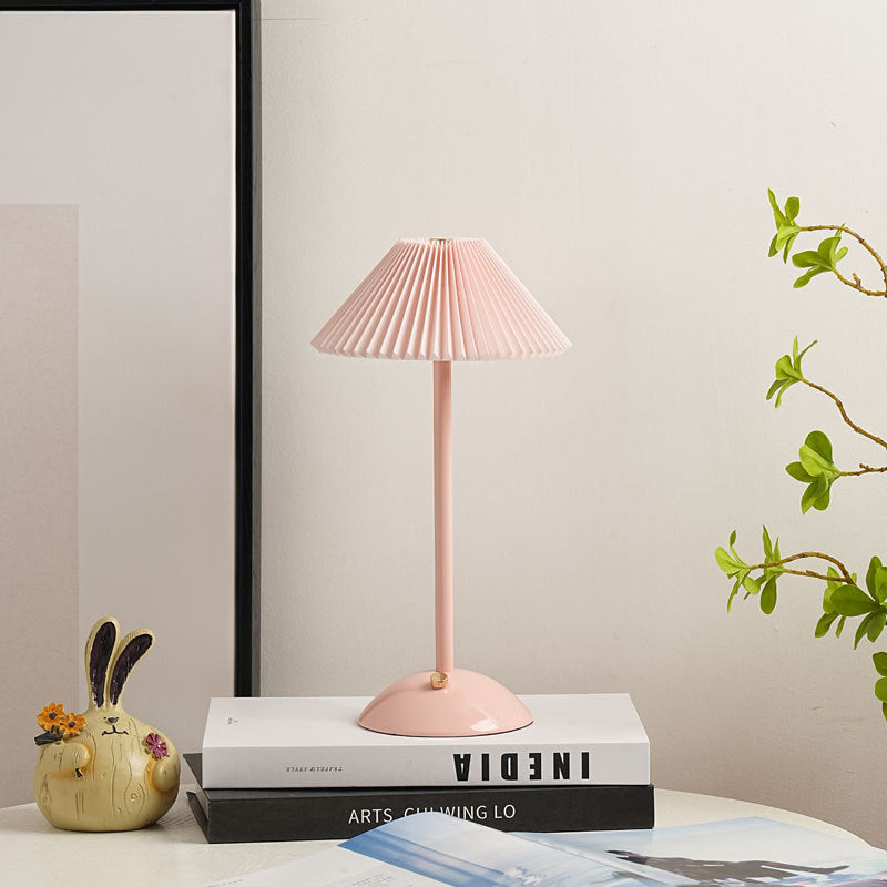 Lampa Stołowa Vintage z Plisowanym Kloszem i Akumulatorem LED - Różowy klosz + Różowa podstawa