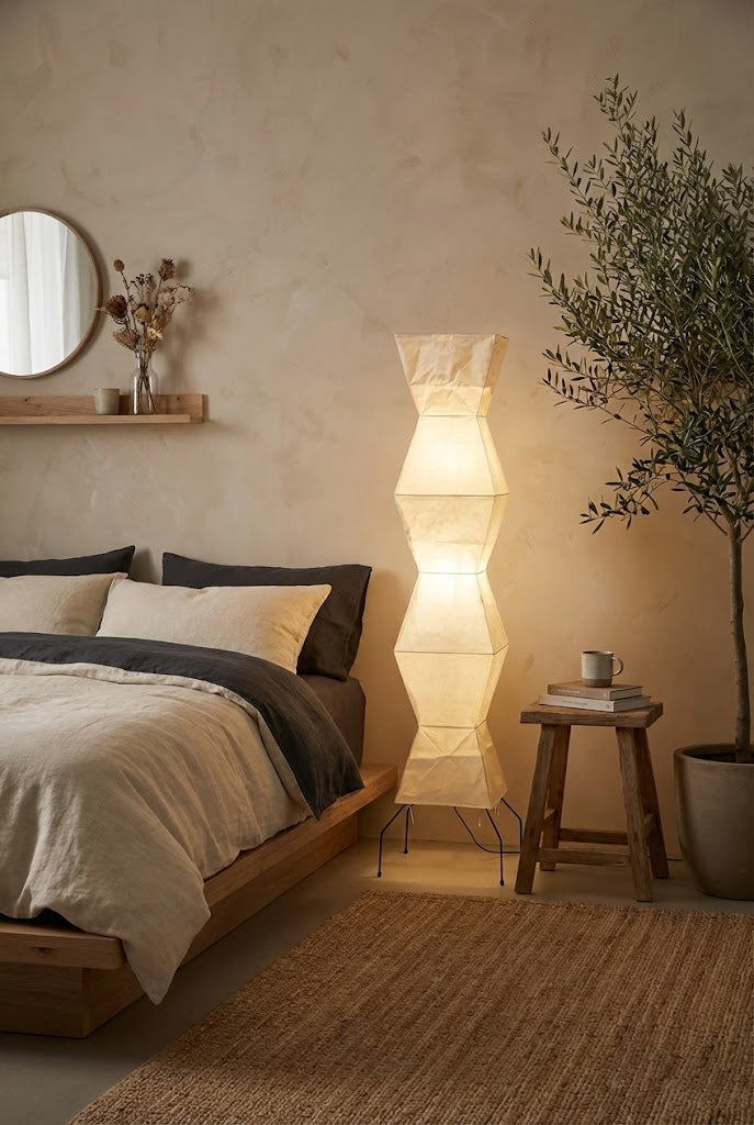 Lampa Podłogowa Japońska z Papieru Washi i Zygzakowatym Kloszem