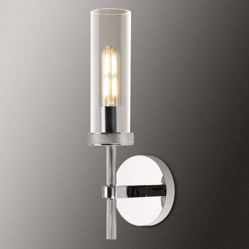 Kinkiet Art Deco z Cylindrycznym Szklanym Kloszem - Polerowany nikiel