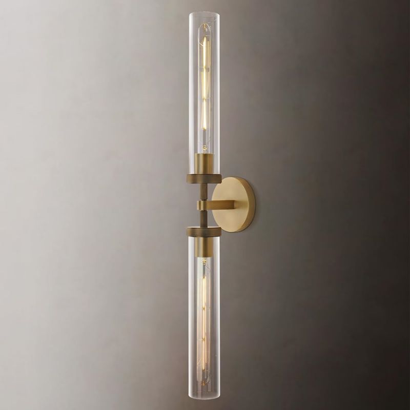 Kinkiet Art Deco z Cylindrycznym Szklanym Kloszem - Złoty mosiądz, patynowany