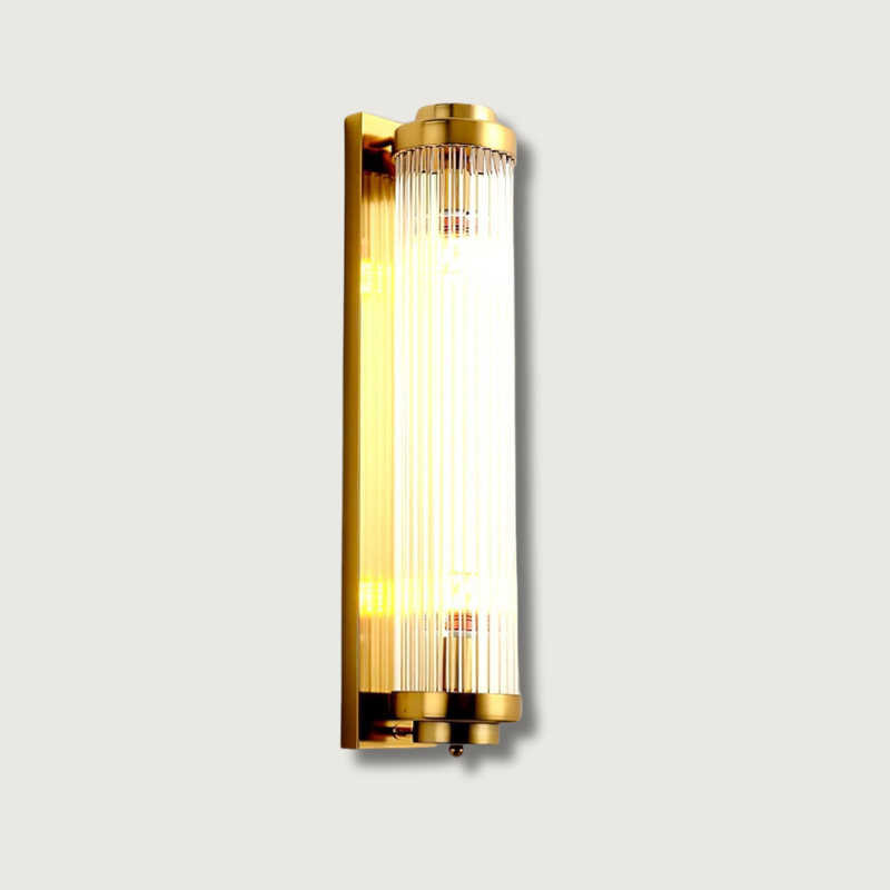 Kinkiet Art Deco ze Żłobkowanym Szklanym Kloszem i Złotą Ramą - 3