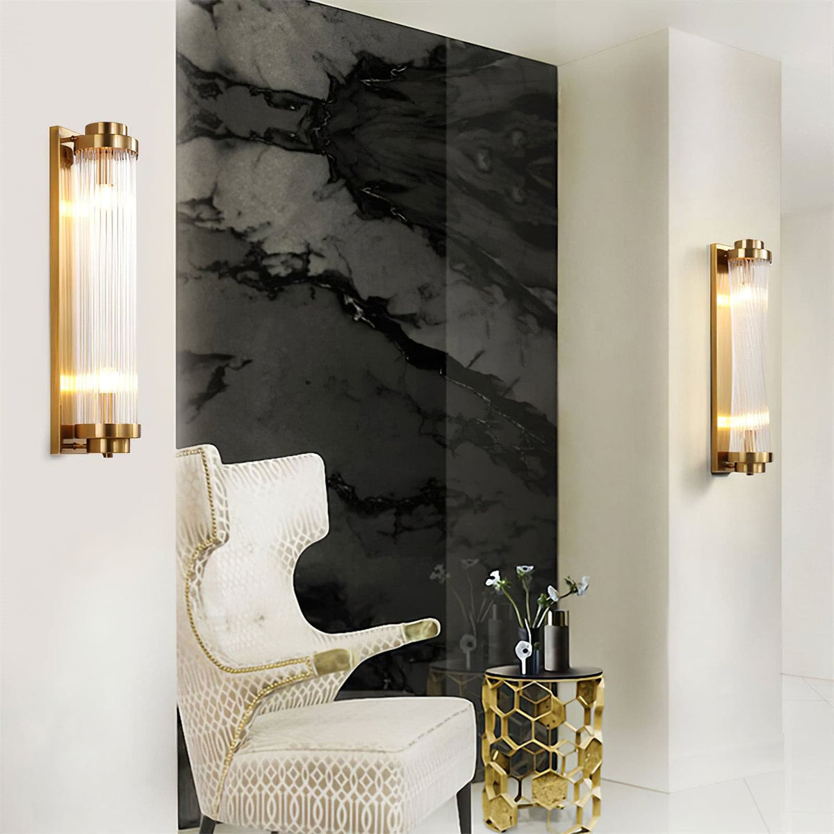 Kinkiet Art Deco ze Żłobkowanym Szklanym Kloszem i Złotą Ramą - 8
