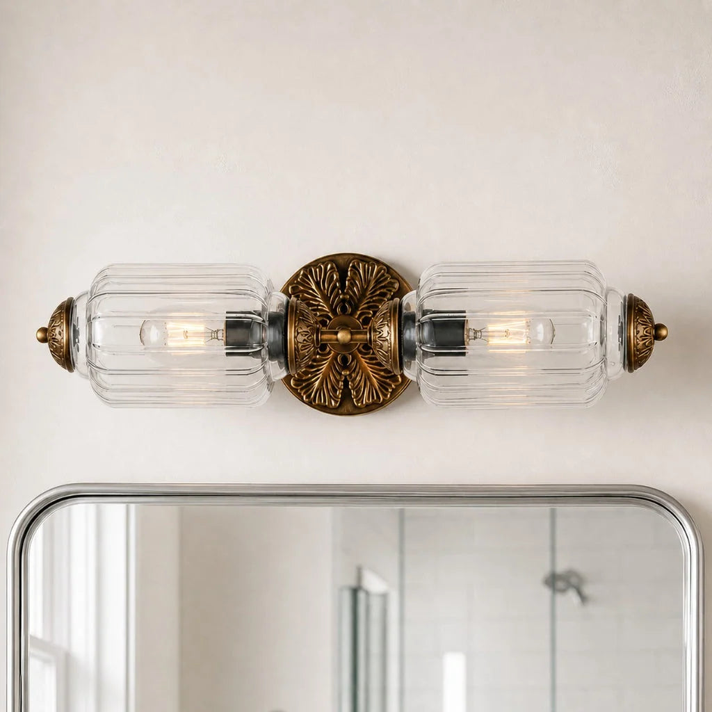 Kinkiet Art Deco z Dwoma Mlecznymi Kloszami - Przezroczysty/Mosiądz