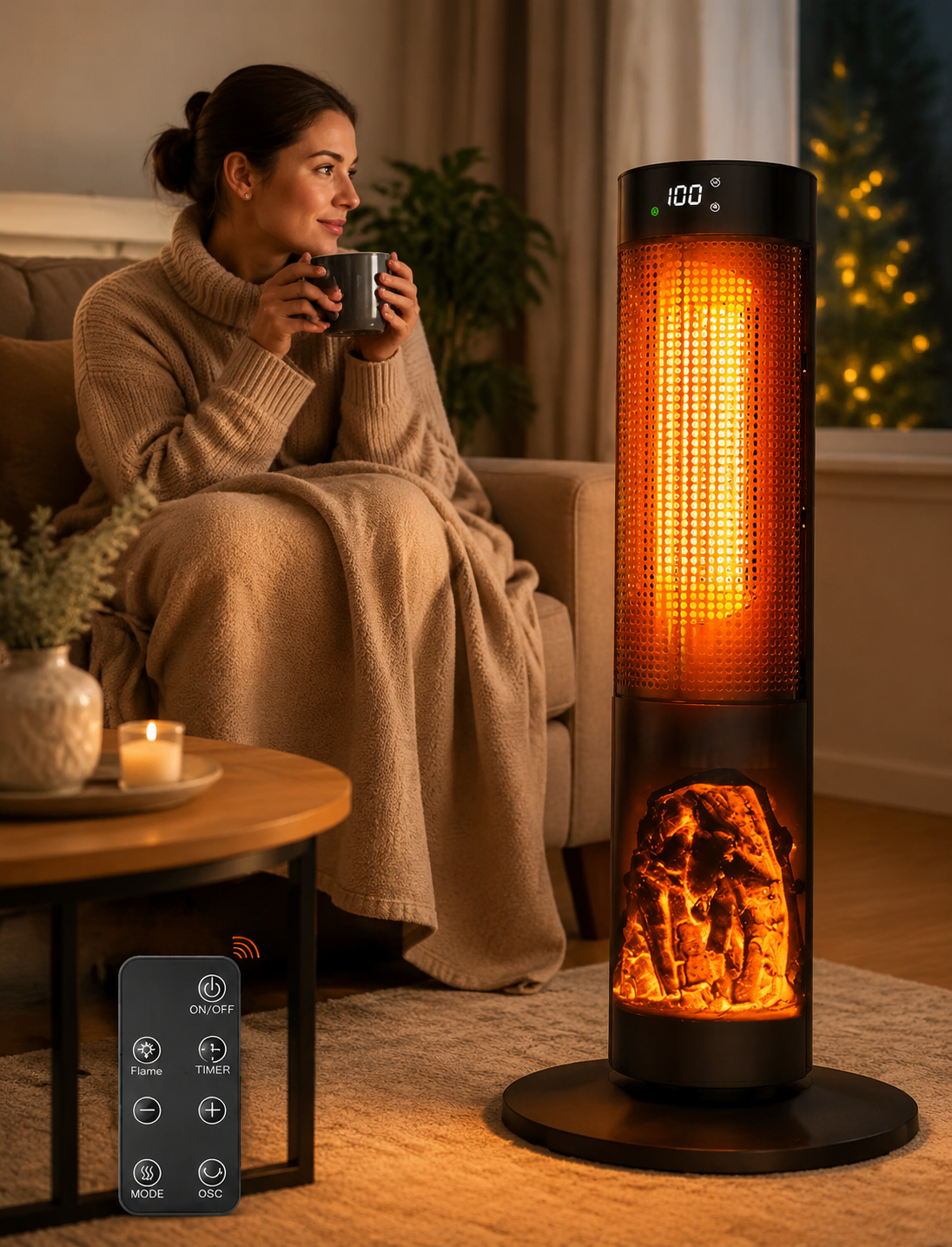 Wolnostojący Termowentylator Wieżowy z Efektem Płomienia, Nawilżaczem i Oscylacją