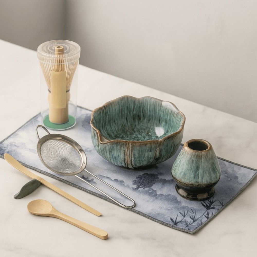 Zestaw do Matcha z Ceramiczną Miską, Bambusową Miotełką i Podstawką