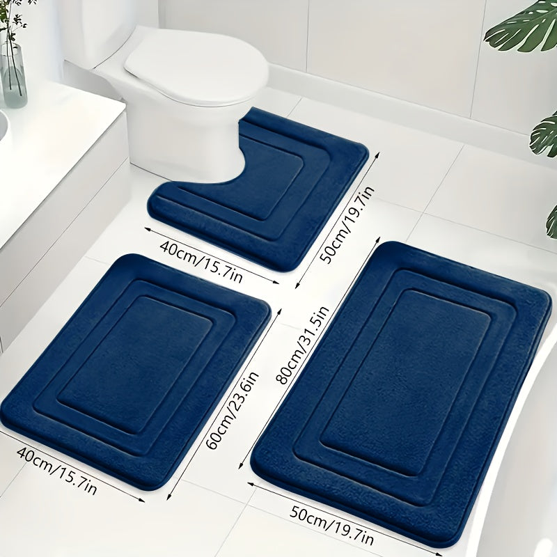 Zestaw Dywaników Łazienkowych z Memory Foam z Matą pod Toaletę Antypoślizgowy Trzy Sztuki - Granatowy
