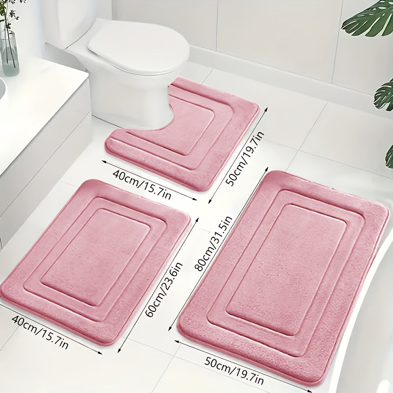 Zestaw Dywaników Łazienkowych z Memory Foam z Matą pod Toaletę Antypoślizgowy Trzy Sztuki - Różowy