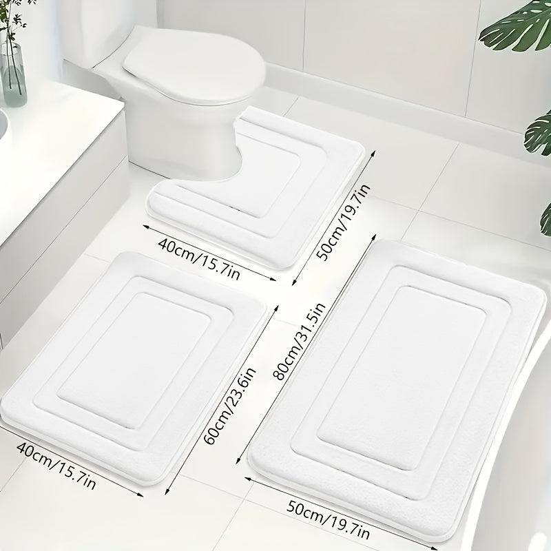 Zestaw Dywaników Łazienkowych z Memory Foam z Matą pod Toaletę Antypoślizgowy Trzy Sztuki - Biały